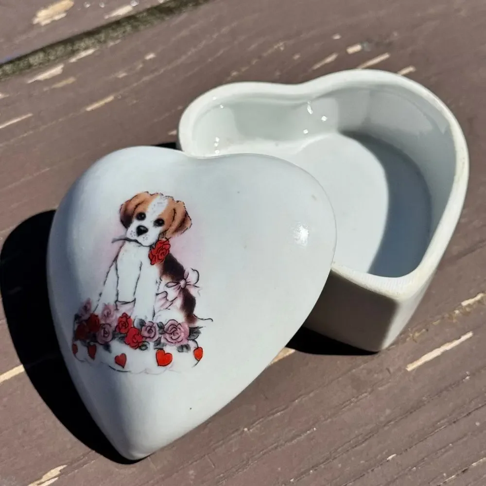 Porcelain Puppy Trinket Box with Lid Heart Shaped